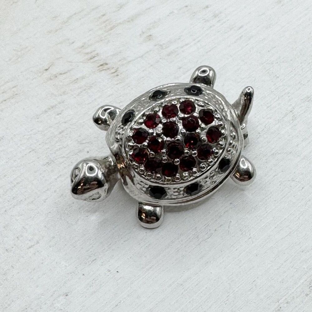 Vintage Turtle Brooch Pin Red Rhinestone Shell Silver Tone Animal Jewelry Kitsch